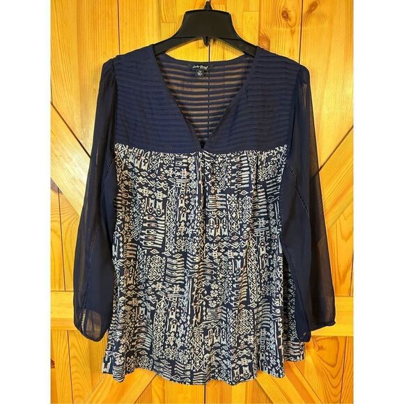 Lucky Brand womens top 1X navy blue geometric sheer long sleeves (0917) - Picture 1 of 8